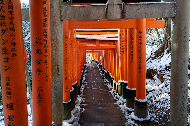 Kyoto Japan January 24 2023 Fushimi Inaritaisha Torii Gates with snow on the roof in winter