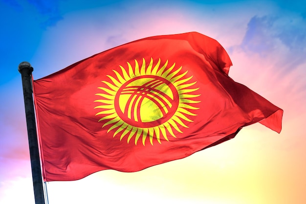 kyrgyzstan country flag, 3d flag, and color background.