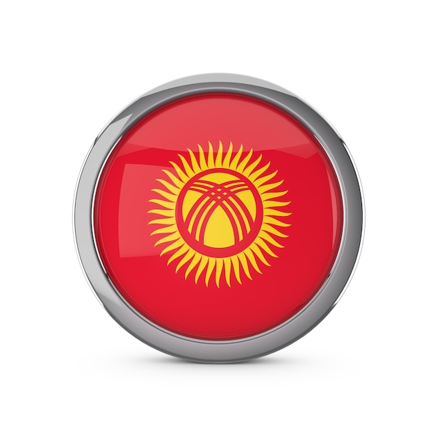 Kyrgyzstan national flag in a glossy circle shape with chrome frame 3D Rendering