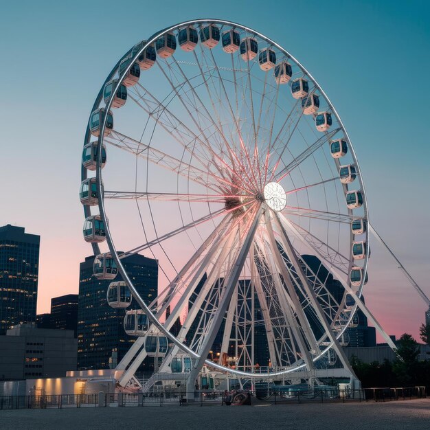 Photo la grande roue de montreal ferris wheel and downtown skyline in summer dusk quebec canada