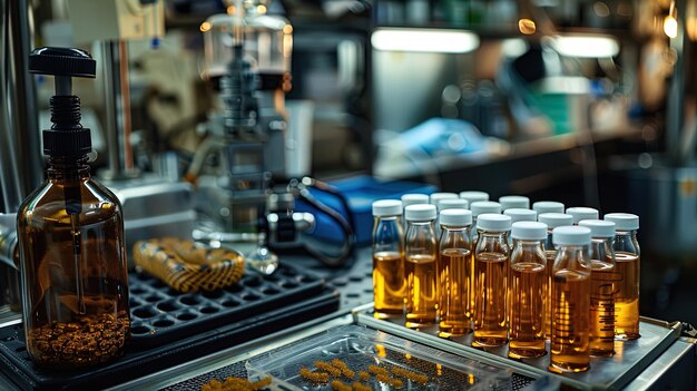 A lab bench with many bottles of liquid on it