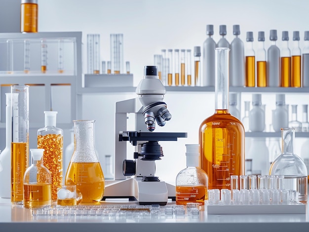 Lab Bench with Microscope and Orange Chemicals