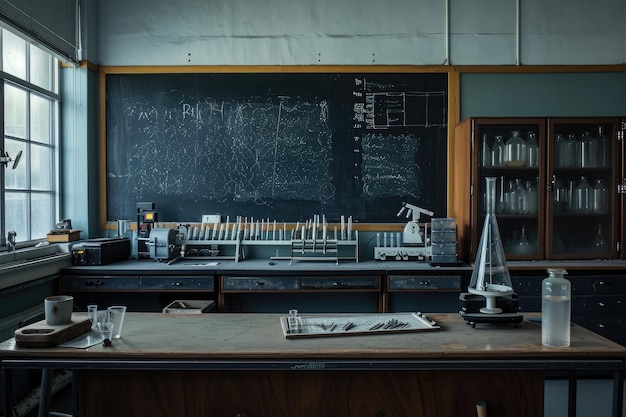 A lab filled with numerous bottles and a blackboard in the background depicting a scientific environment Science lab classroom hauntingly empty with test tubes and microscopes AI Generated