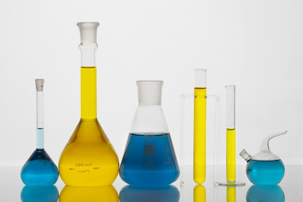 Lab glassware with colorful liquid