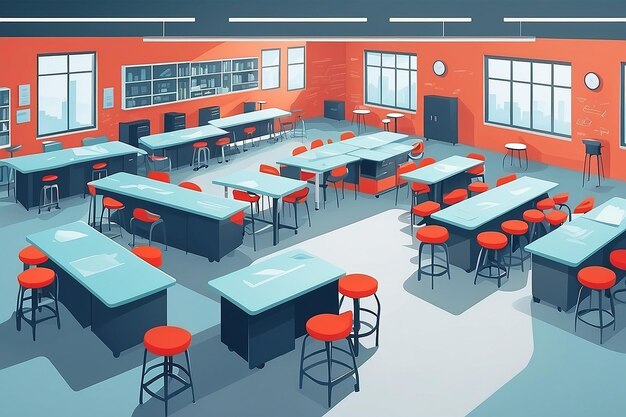 Lab stools and chairs arranged around tables vector illustration in flat style