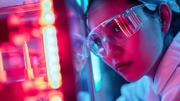 A lab technician monitoring semiconductor processes under a UV light ensuring optimal conditions