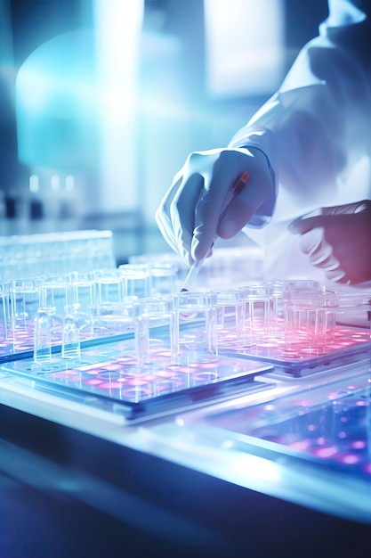 Lab technician pipetting samples into a microplate precise research banner with text space