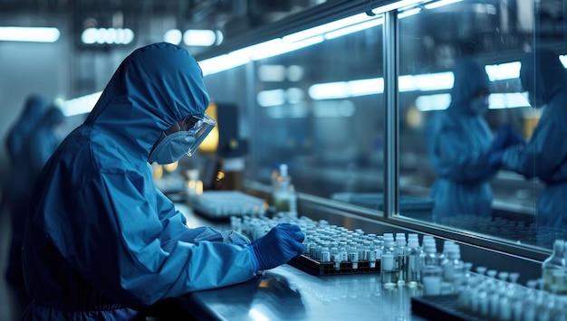 Lab Technician in Protective Gear Examining Samples