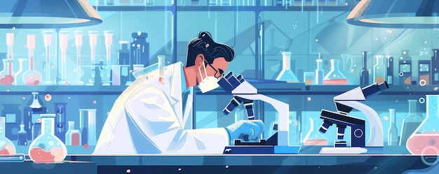 Photo lab technician in a sterile lab working with pipettes and microscopes to study virus samples