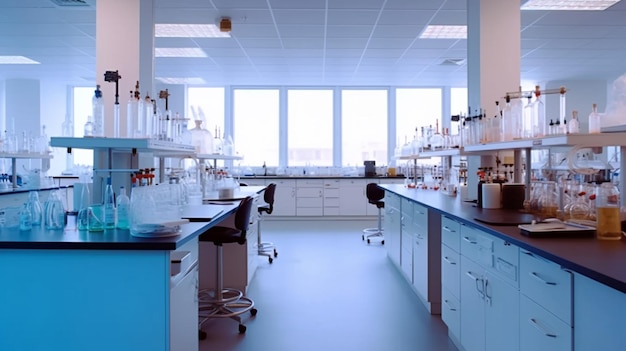 A lab with a blue table and blue shelves with a lot of liquid.