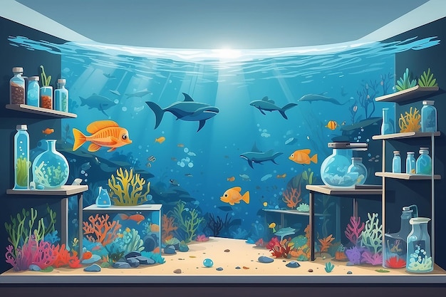 the lab with a dedicated area for studying the impact of microplastics on marine life vector illustration in flat style