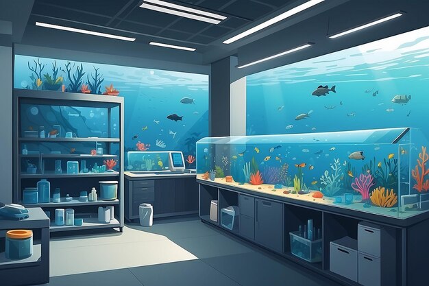 the lab with a dedicated area for studying the impact of microplastics on marine life vector illustration in flat style