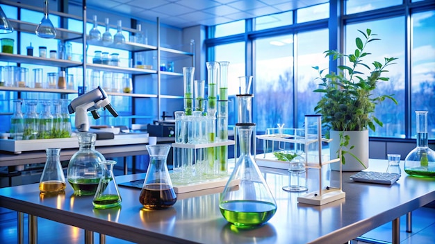 Photo a lab with a glass bottle of green liquid and a bottle of green liquid