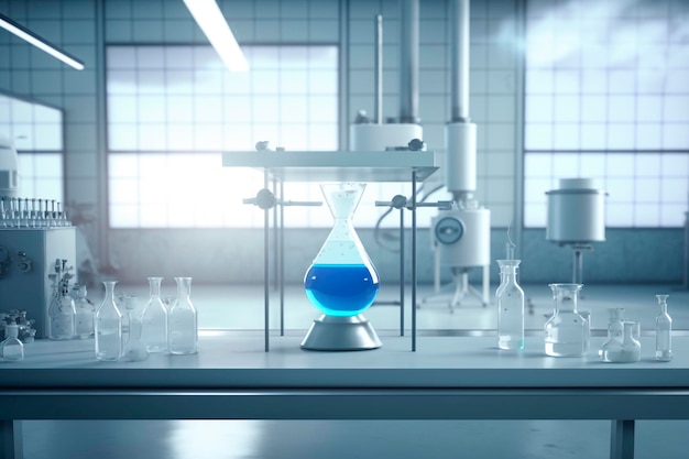 A lab with a large glass jar with a blue liquid inside.