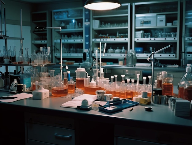 A lab with many bottles of liquid and a light on the ceiling