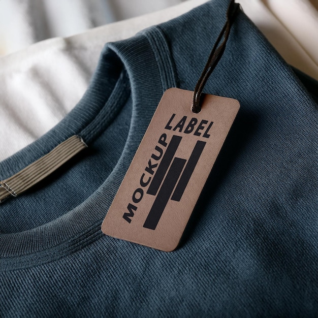 Photo label tag mockup focused on folded tshirt close up