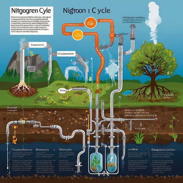 Photo labeled n2 process biogeochemical explanation educational diagram with denitrification fixation nitrification and assimilation in ecosystem environment model