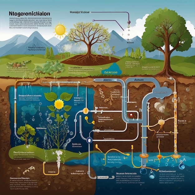 Labeled N2 process biogeochemical explanation Educational diagram with denitrification fixation nitrification and assimilation in ecosystem environment model