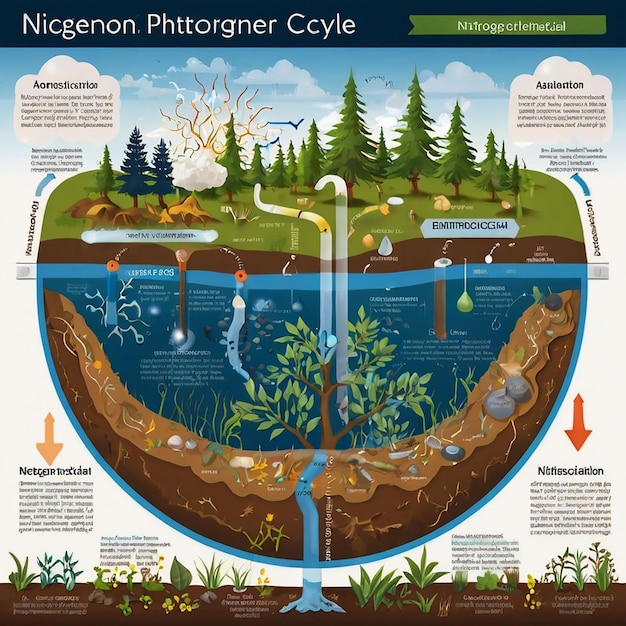 Photo labeled n2 process biogeochemical explanation educational diagram with denitrification fixation nitrification and assimilation in ecosystem environment model