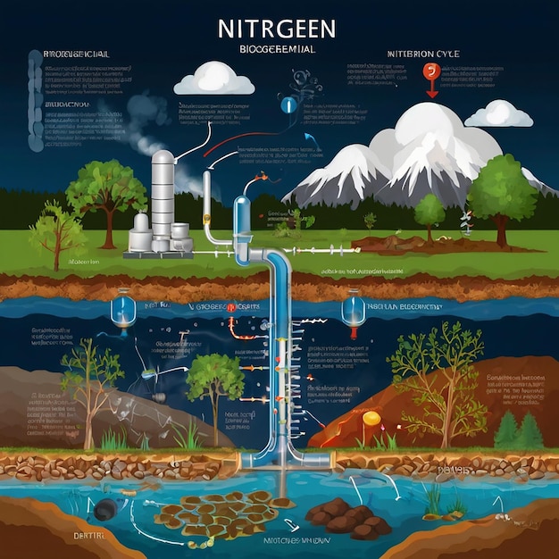 Photo labeled n2 process biogeochemical explanation educational diagram with denitrification fixation nitrification and assimilation in ecosystem environment model