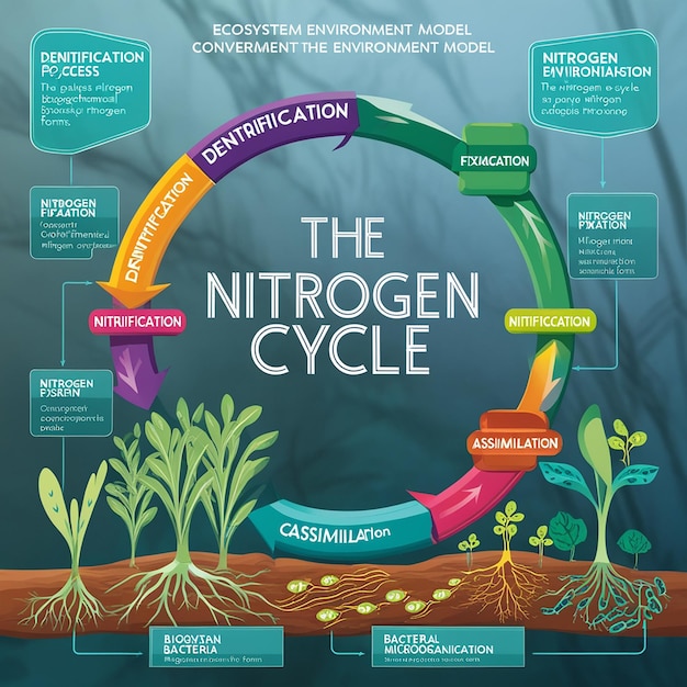 Photo labeled n2 process biogeochemical explanation educational diagram with denitrification fixation nitrification and assimilation in ecosystem environment model