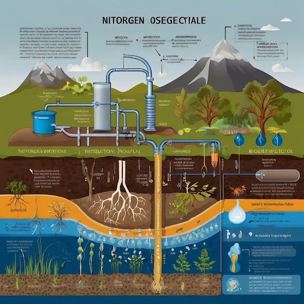 Photo labeled n2 process biogeochemical explanation educational diagram with denitrification fixation nitrification and assimilation in ecosystem environment model