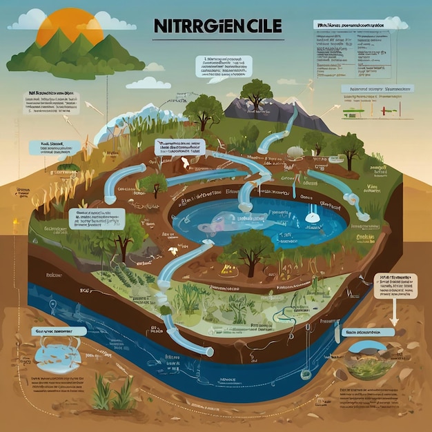 Labeled N2 process biogeochemical explanation Educational diagram with denitrification fixation nitrification and assimilation in ecosystem environment model