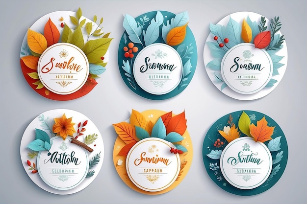 Photo labels set in paper art style with calligraphic inscriptions and seasonal elements