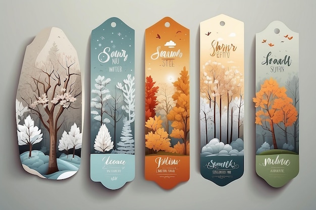 Photo labels set in paper art style with calligraphic inscriptions and seasonal elements