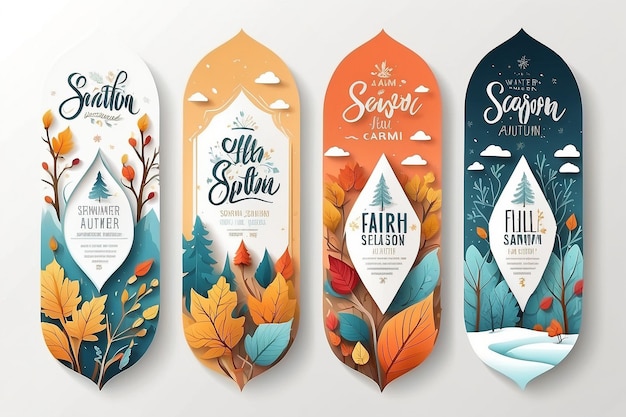 Photo labels set in paper art style with calligraphic inscriptions and seasonal elements