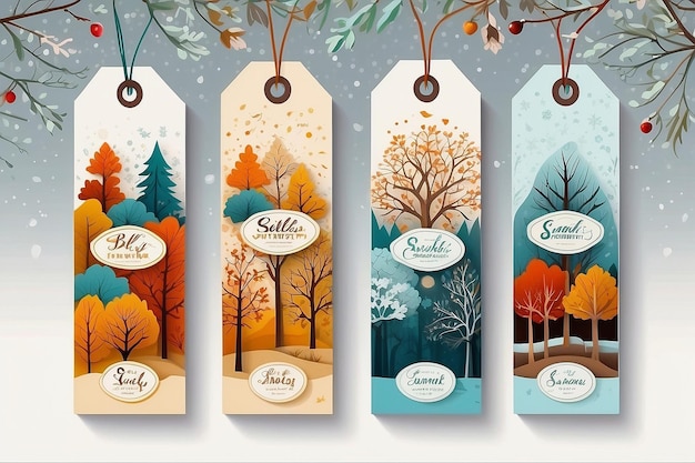 Photo labels set in paper art style with calligraphic inscriptions and seasonal elements