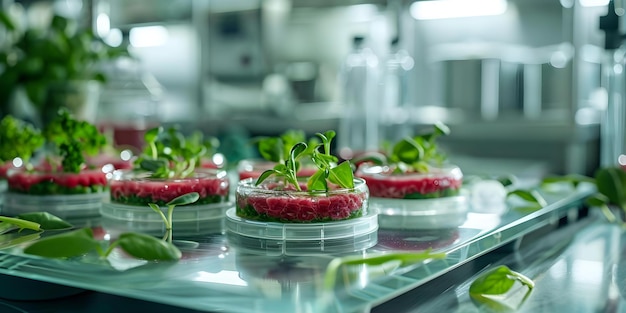 Photo labgrown meat in petri dishes for artificial plan concept clean meat labgrown sustainable food artificial protein future of agriculture