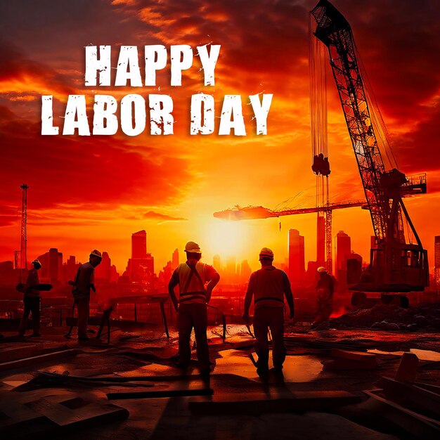 Labor day background with construction workers at sunset