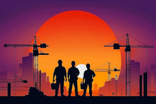 Labor day background with construction workers at sunset