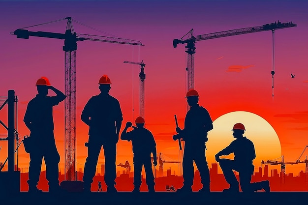 Labor day background with construction workers at sunset