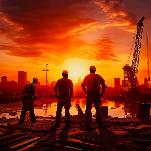 Labor day background with construction workers at sunset