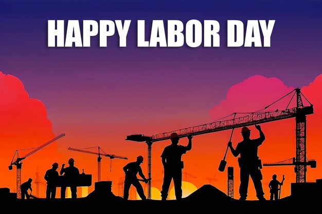 Labor day background with construction workers at sunset