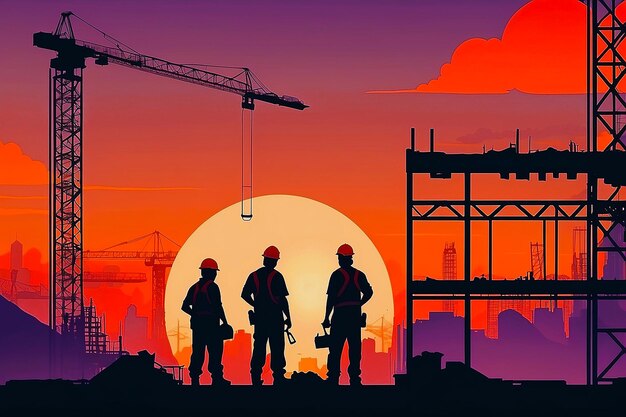 Labor day background with construction workers at sunset