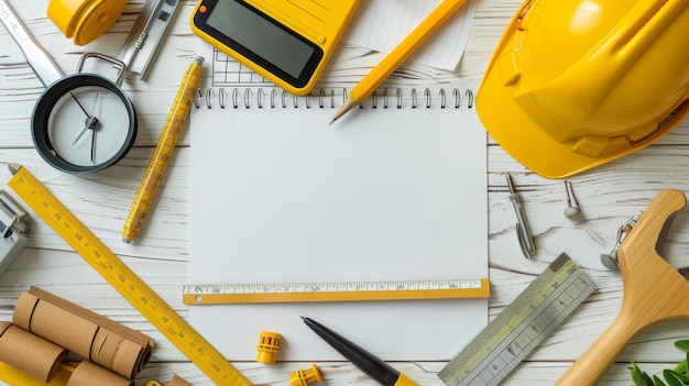 Photo labor day frame border background with construction tools and equipment on wooden surface