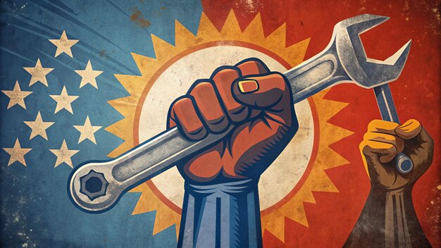 Photo labor day illustration with hand holding wrench with usa flag