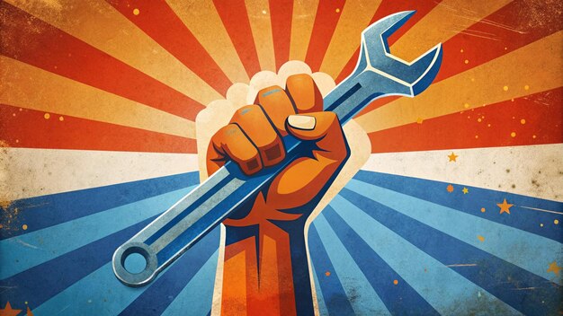 Photo labor day illustration with hand holding wrench with usa flag