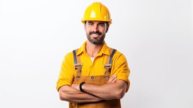 Labor Day Image Front View of Male Builder in Uniform and Yellow Helmet on White Wall