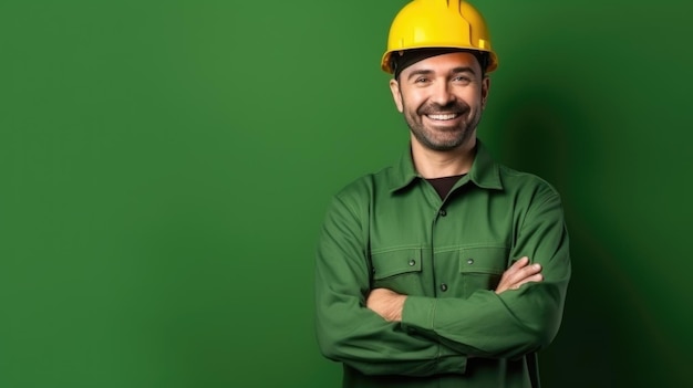 Labor Day Image Worker in Hard Hat on Green Wall Background