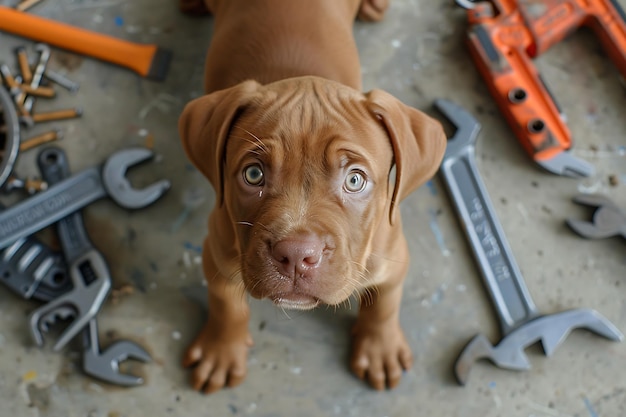 Photo labor day lovable brown puppy and hand tools