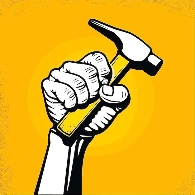 Photo labor day vector illustration of hand holding hammer on yellow background