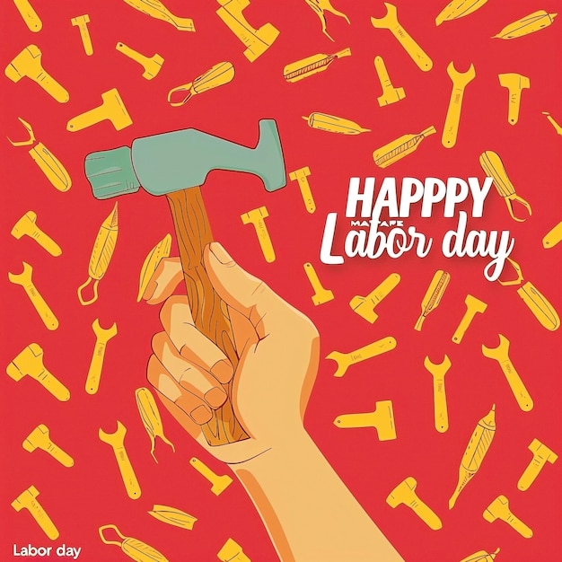 Photo labor day vector with hand holding hammer on red tool background