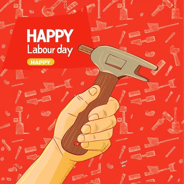 Photo labor day vector with hand holding hammer on red tool background