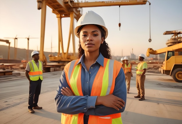 Labor Day a woman wearing an orange vest stands on a construction site