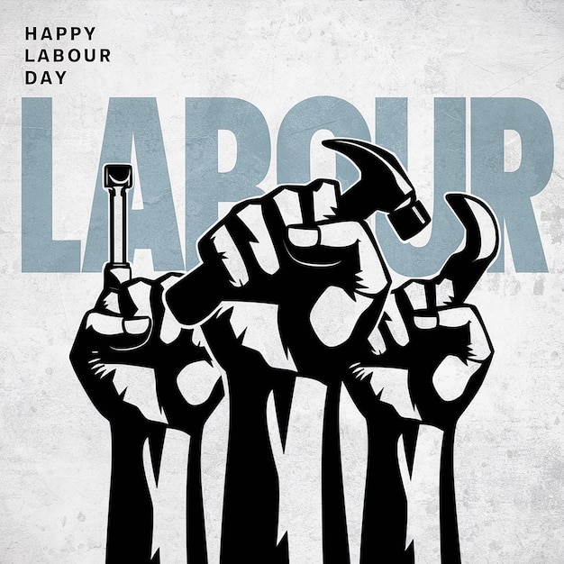 Labor equipment with protesting handson isolated background Happy Labor Day