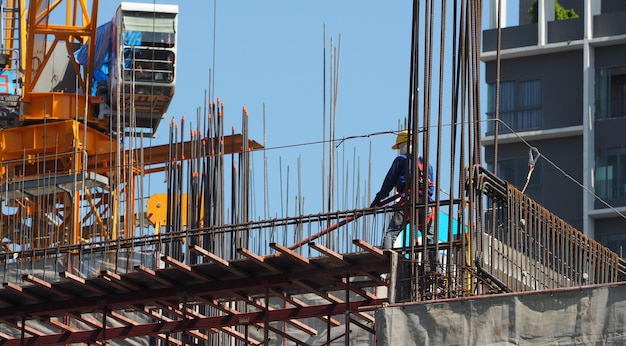 Labor or worker on building construction site and industial material and high angle view.